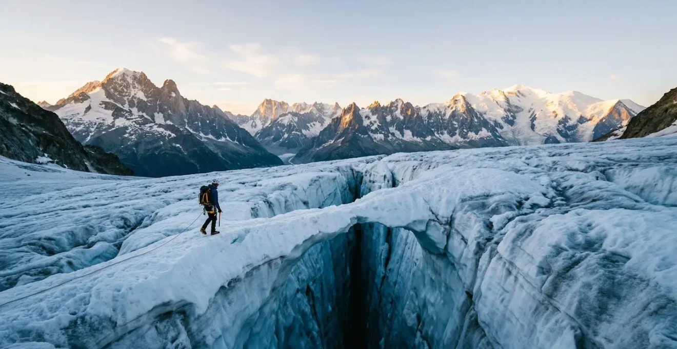 Alpine climber crossing a glacier crevasse in the early morning light with safety equipment