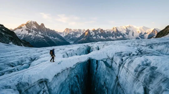 Alpine climber crossing a glacier crevasse in the early morning light with safety equipment