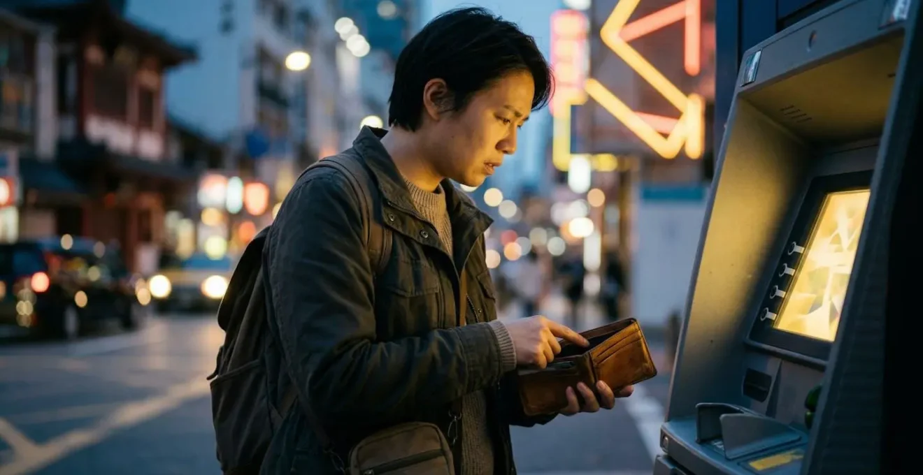 Traveler facing ATM crisis in foreign city at night