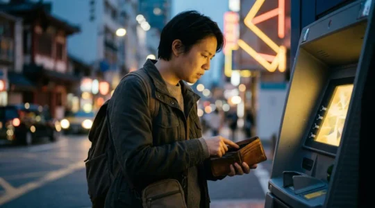 Traveler facing ATM crisis in foreign city at night