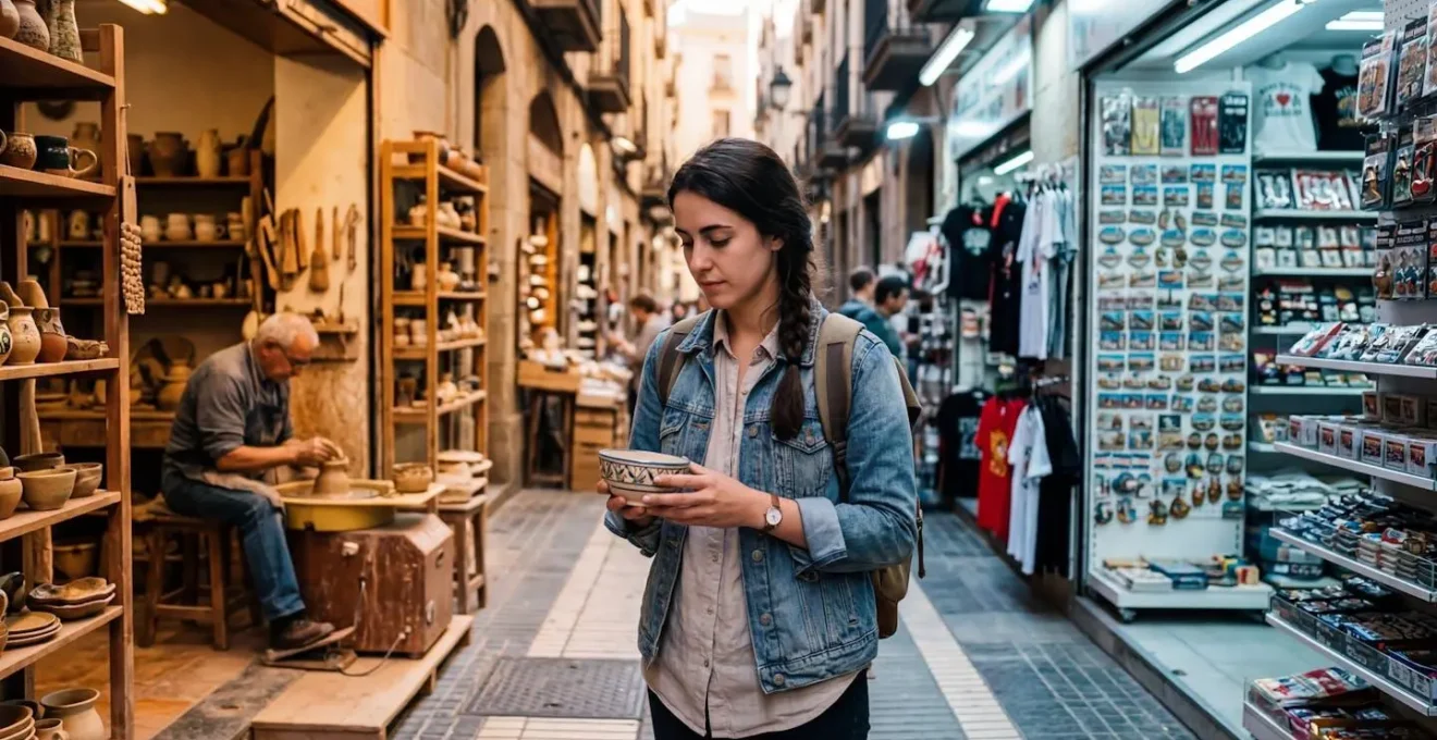 Traveler examining traditional crafts at local artisan workshop versus tourist market