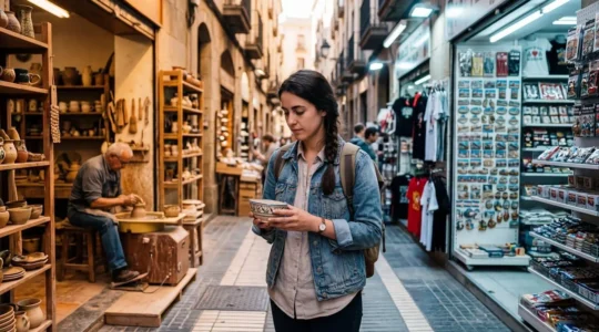 Traveler examining traditional crafts at local artisan workshop versus tourist market