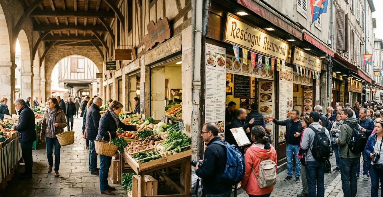 Split composition showing authentic local market scene and tourist trap restaurant facade