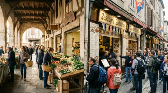 Split composition showing authentic local market scene and tourist trap restaurant facade