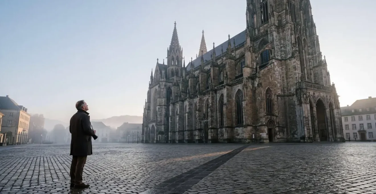 Solitary figure experiencing architectural marvel during golden hour without crowds