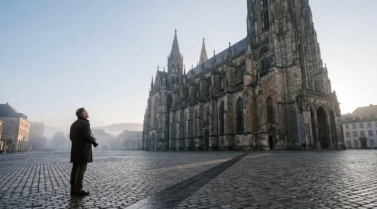 Solitary figure experiencing architectural marvel during golden hour without crowds