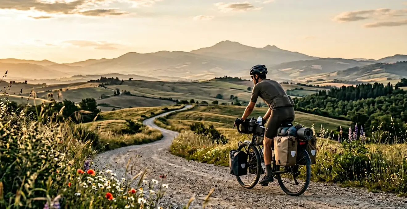 First-time bike tourer cycling through European countryside with loaded panniers on scenic rural route