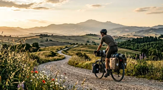 First-time bike tourer cycling through European countryside with loaded panniers on scenic rural route