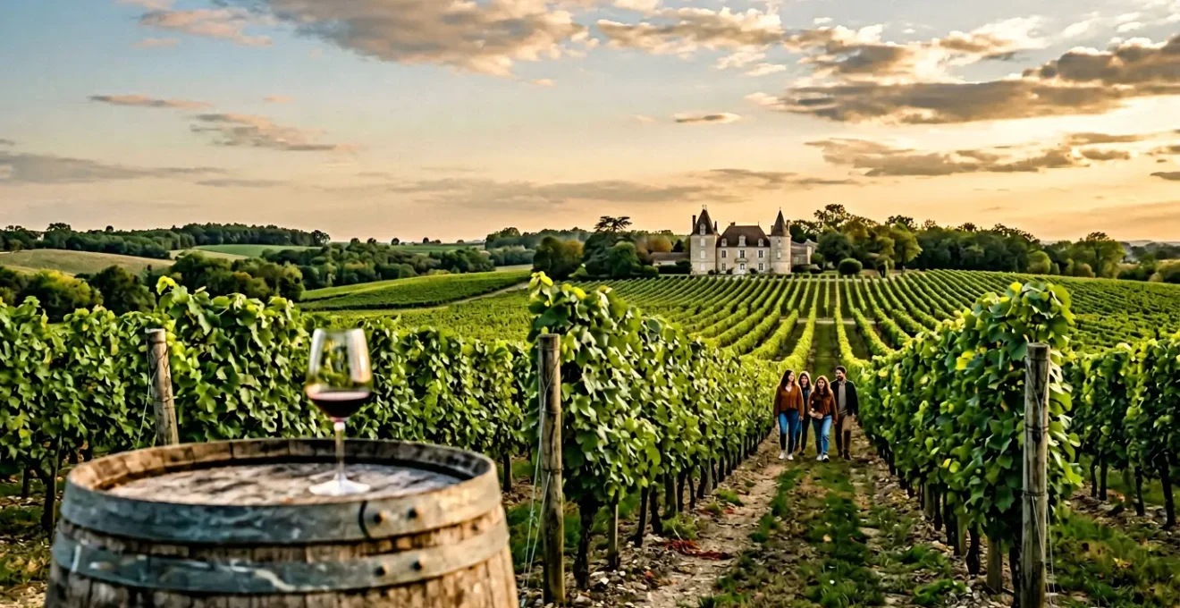 Elegant wine tasting scene at a Bordeaux château during golden hour