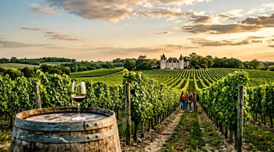 Elegant wine tasting scene at a Bordeaux château during golden hour
