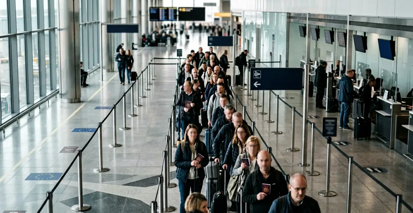 British travelers navigating European border controls at modern airport terminal