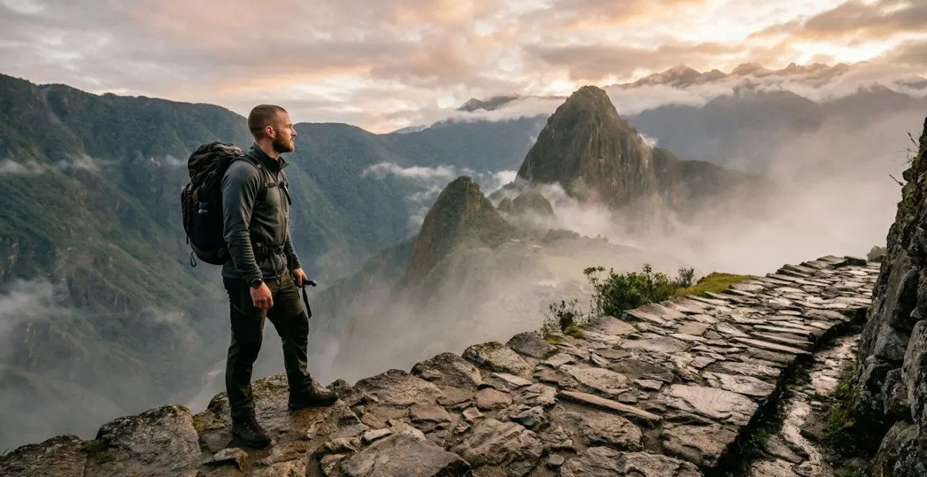 British hiker overlooking misty Machu Picchu ruins at sunrise from high mountain vantage point with Andean peaks in background