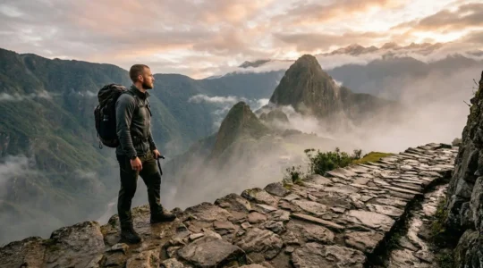 British hiker overlooking misty Machu Picchu ruins at sunrise from high mountain vantage point with Andean peaks in background