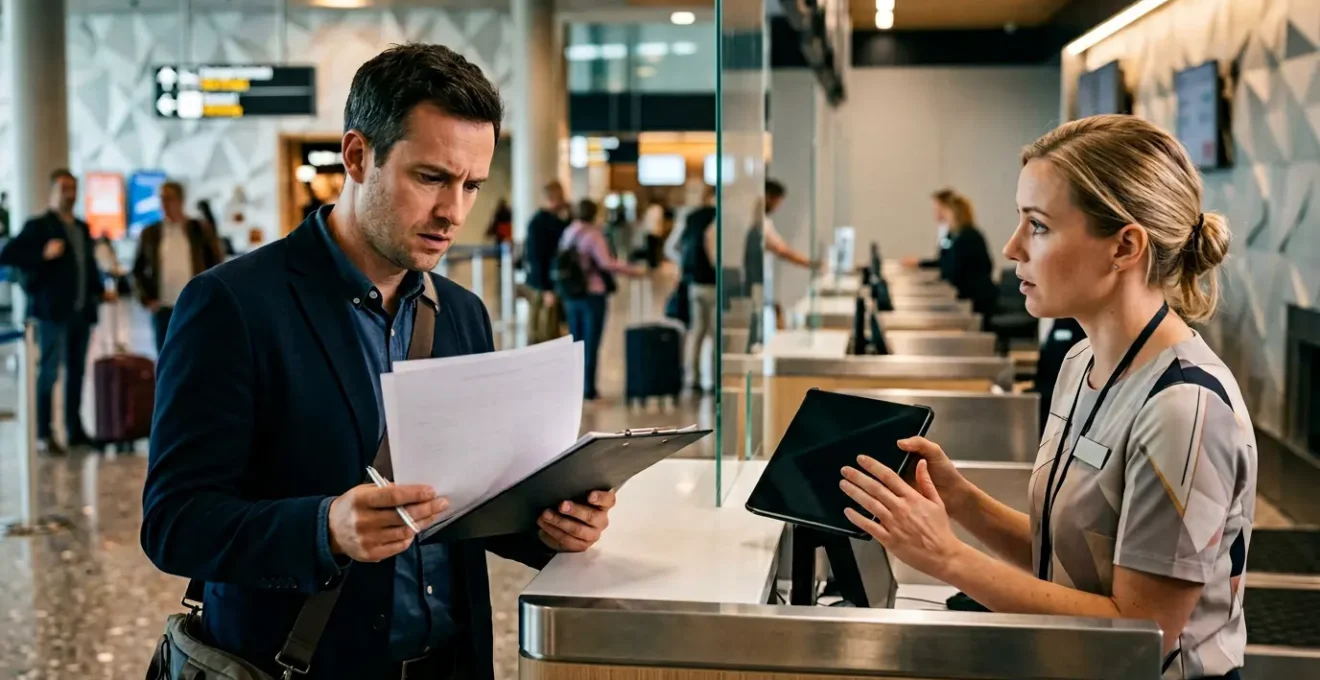 Business professional reviewing rental car documents at counter