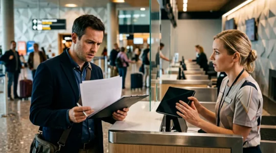 Business professional reviewing rental car documents at counter