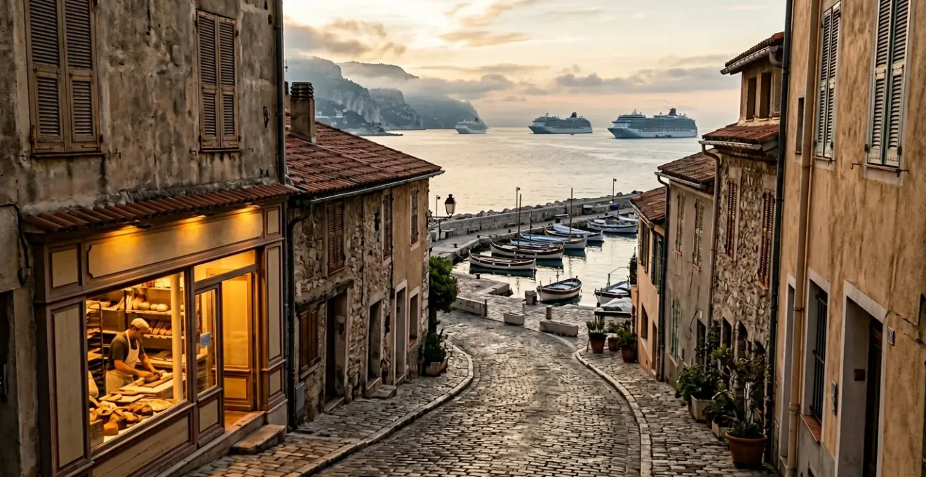 Serene coastal port city at dawn with cruise ships visible in the distance and empty cobblestone streets