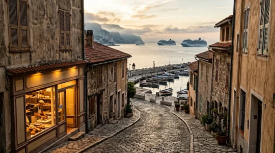 Serene coastal port city at dawn with cruise ships visible in the distance and empty cobblestone streets
