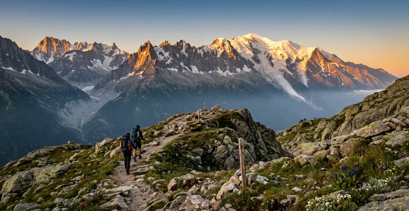 Hikers ascending Alpine mountain trail with Mont Blanc massif in background