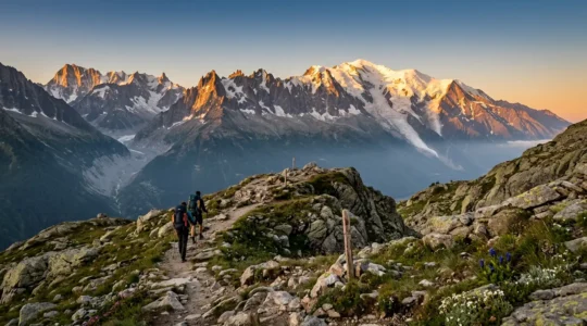Hikers ascending Alpine mountain trail with Mont Blanc massif in background