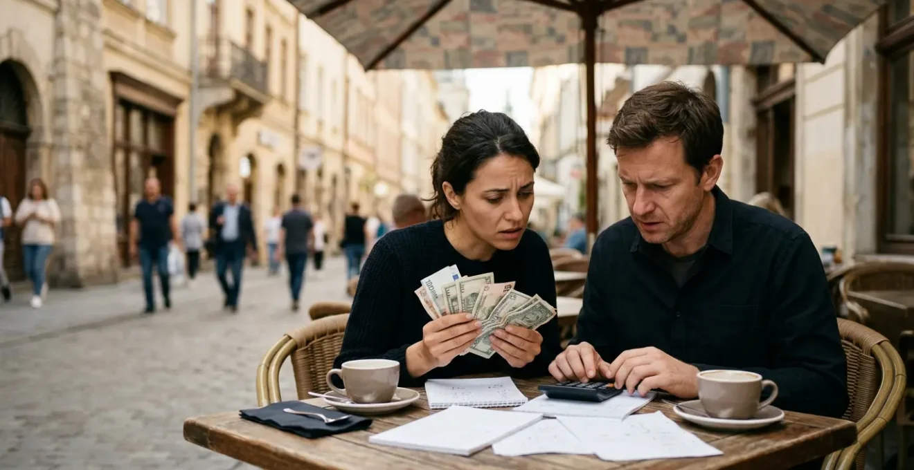Couple reviewing travel expenses with multiple currencies on cafe table