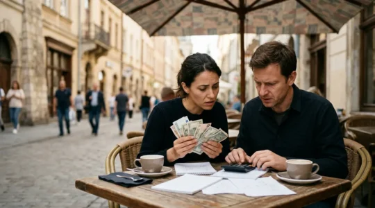 Couple reviewing travel expenses with multiple currencies on cafe table