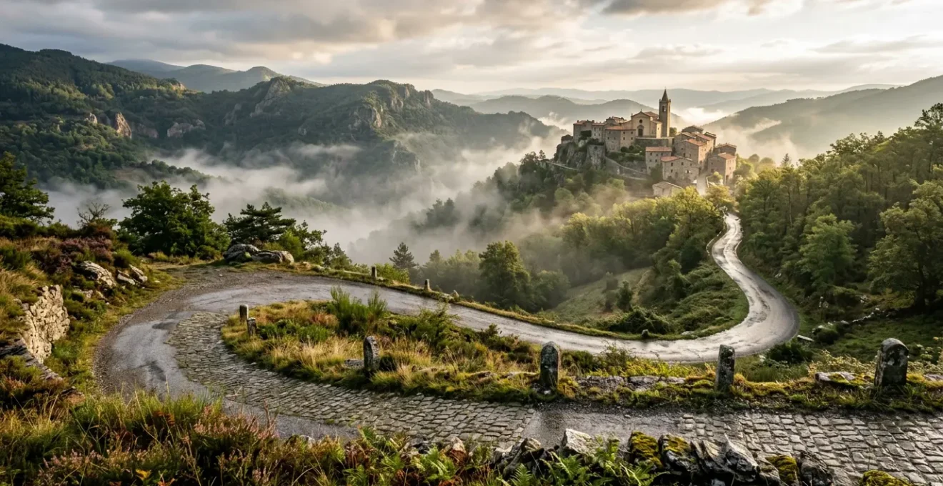 Winding mountain road disappearing into mist with ancient stone village in distance