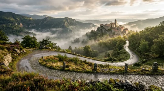 Winding mountain road disappearing into mist with ancient stone village in distance