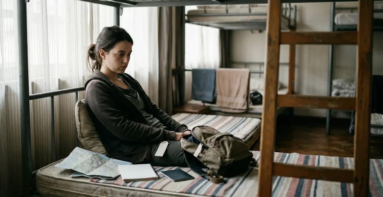 Exhausted traveler sitting on bed surrounded by luggage in dimly lit hostel room