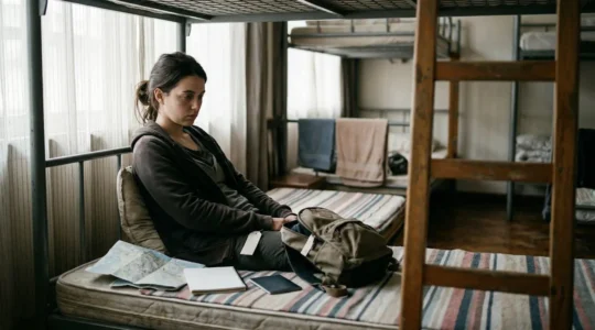 Exhausted traveler sitting on bed surrounded by luggage in dimly lit hostel room