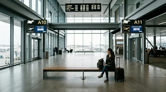 Wide shot of a weary traveler sitting between gates at an airport terminal, contemplating flight options with a clock showing different time zones overhead