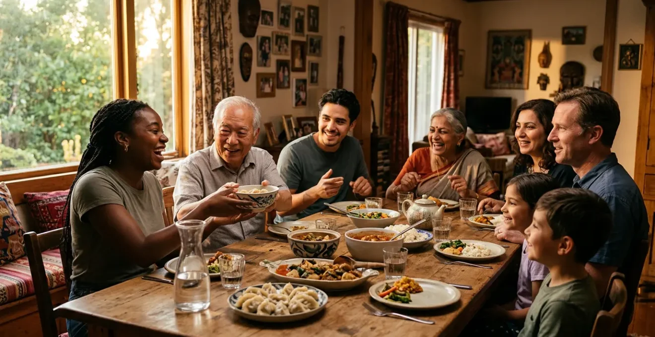 A warm family dinner scene in a traditional home showcasing authentic cultural hospitality
