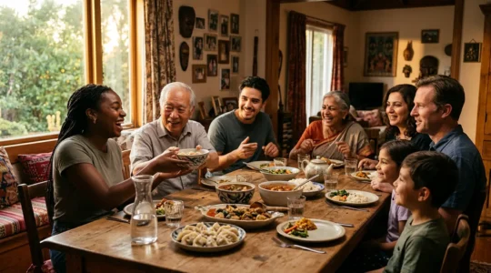A warm family dinner scene in a traditional home showcasing authentic cultural hospitality
