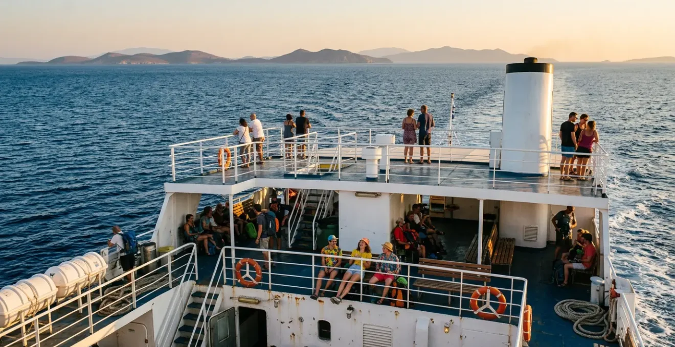 Travelers searching for shade on ferry deck during Greek island journey