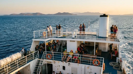 Travelers searching for shade on ferry deck during Greek island journey
