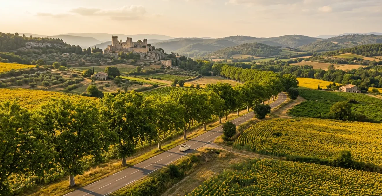 Scenic French country road winding through golden sunflower fields with a distant château visible on a hillside