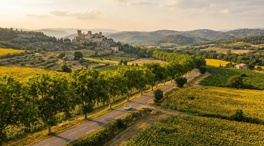 Scenic French country road winding through golden sunflower fields with a distant château visible on a hillside