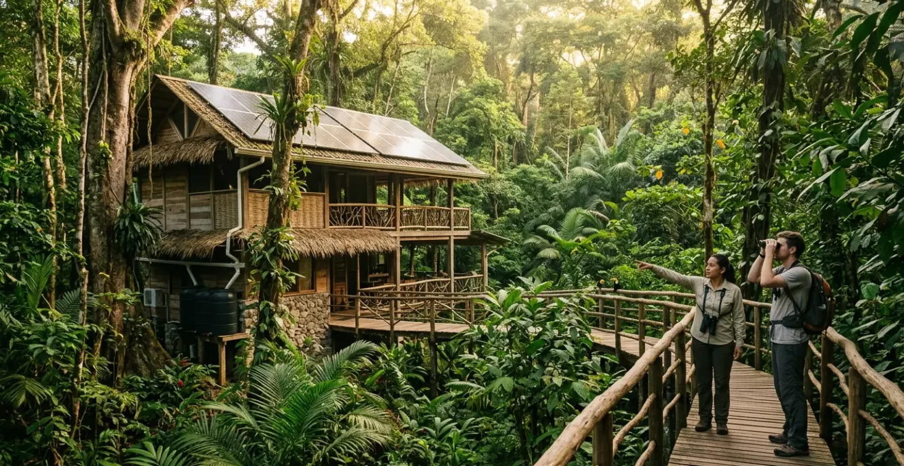 Authentic sustainable eco-lodge integrated harmoniously within pristine forest environment