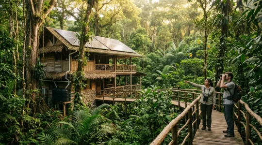 Authentic sustainable eco-lodge integrated harmoniously within pristine forest environment