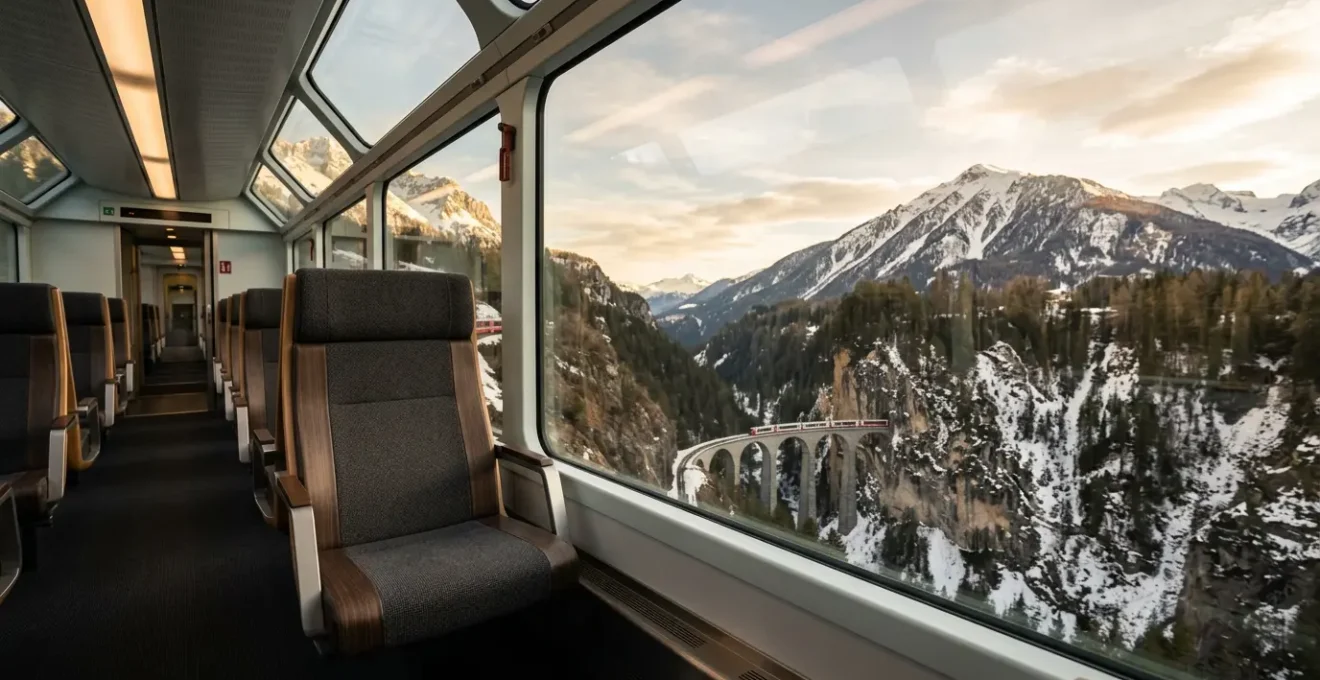 Scenic view from inside the Glacier Express train crossing Swiss Alps