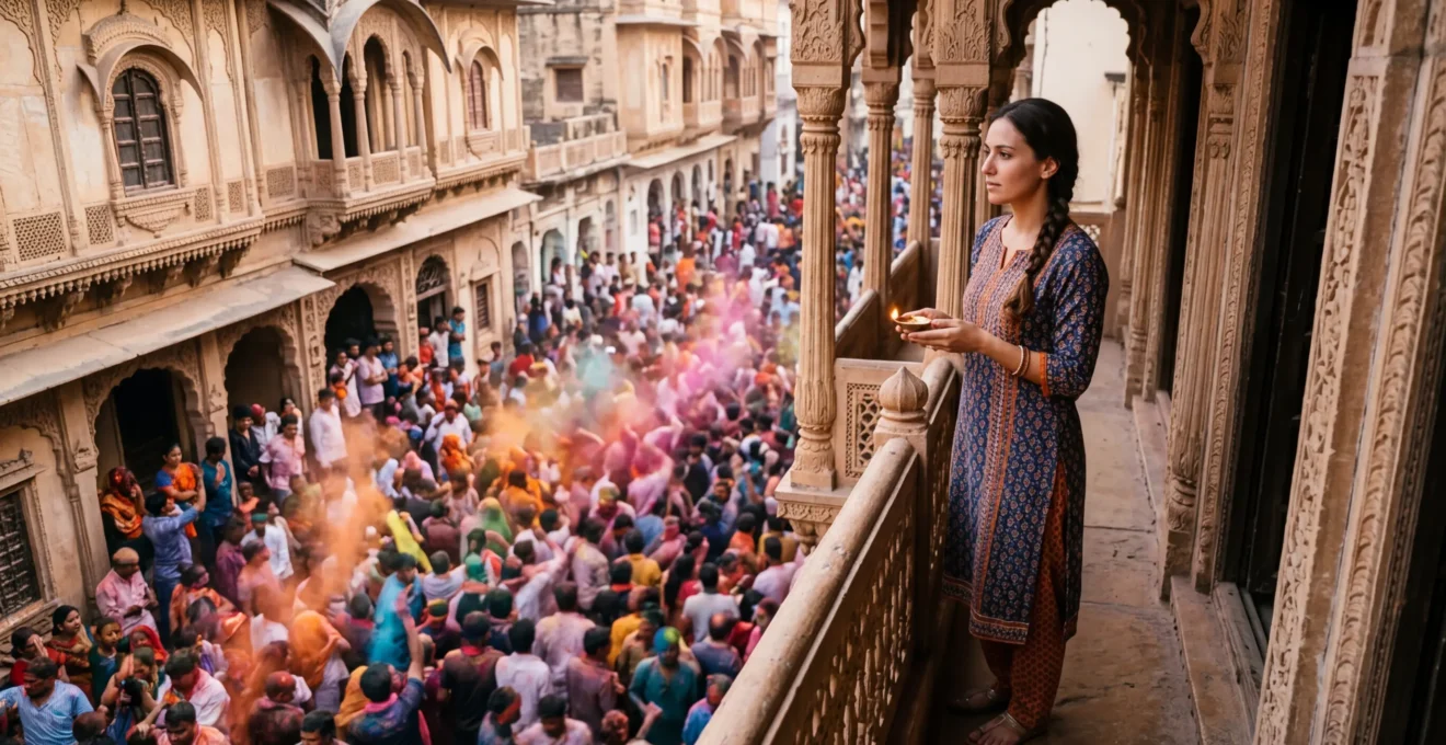 Solo female traveler observing colorful Indian festival from safe elevated position with traditional architecture in background