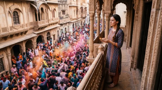Solo female traveler observing colorful Indian festival from safe elevated position with traditional architecture in background