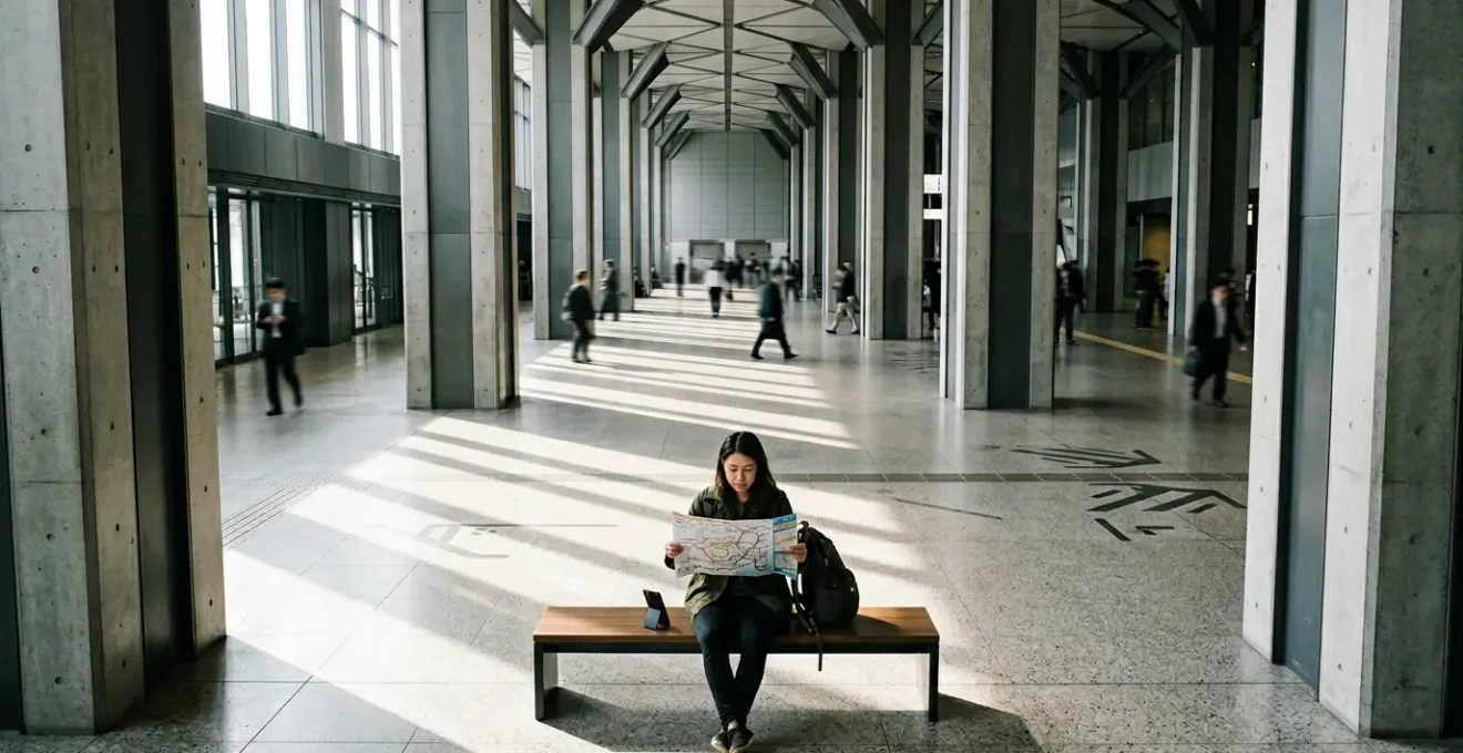 Traveler consulting multiple transportation maps and documents in a Japanese train station