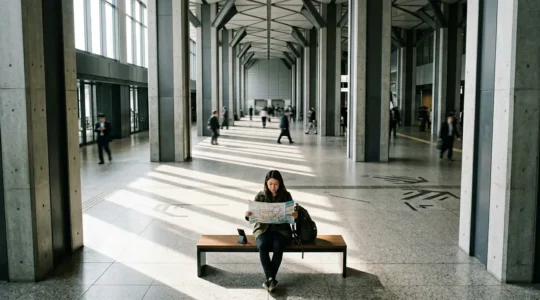 Traveler consulting multiple transportation maps and documents in a Japanese train station