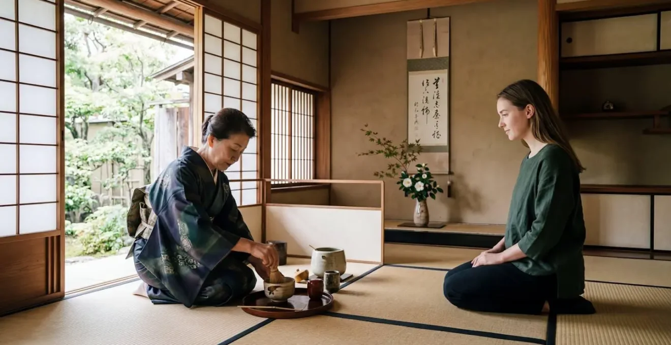 Traditional Japanese tea master preparing matcha for a British visitor in an authentic Kyoto tea house