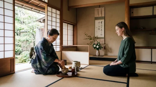 Traditional Japanese tea master preparing matcha for a British visitor in an authentic Kyoto tea house