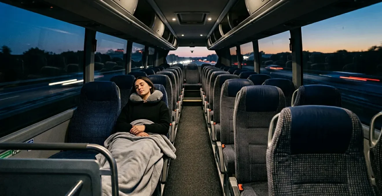 Traveler sleeping comfortably on a long-distance overnight bus with soft ambient lighting
