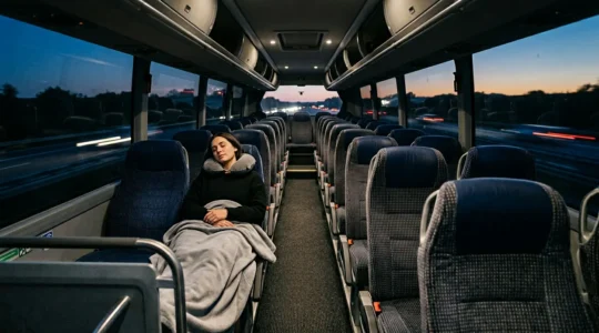 Traveler sleeping comfortably on a long-distance overnight bus with soft ambient lighting