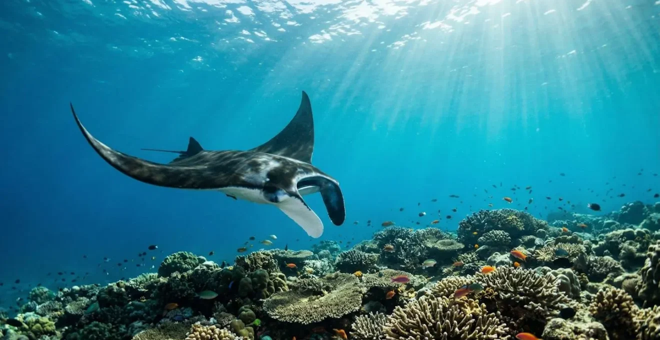 A manta ray gliding gracefully through crystal-clear turquoise water above vibrant coral formations