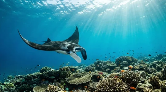 A manta ray gliding gracefully through crystal-clear turquoise water above vibrant coral formations