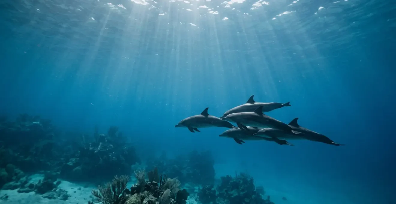 Underwater scene showing wild dolphins swimming freely in clear blue ocean with sunlight filtering through water